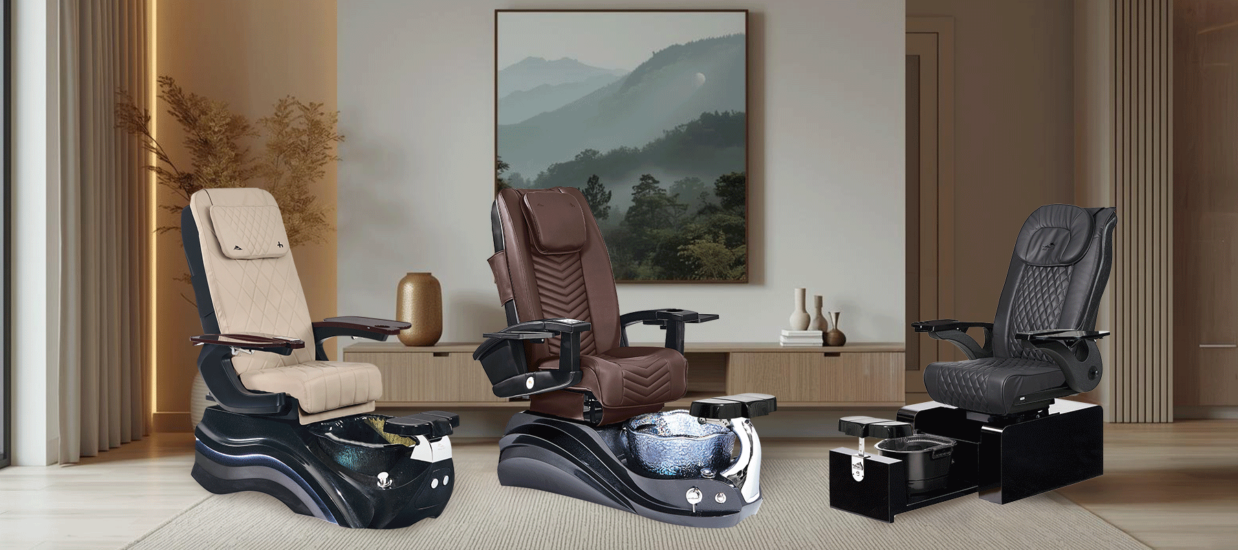 whale spa nail salon furniture. Black portable and plumbless PURE II Pedicure Chair, budget Taurus pedicure chair, and modern brown luxury pedicure chair. Made in the United States, California and Texas.