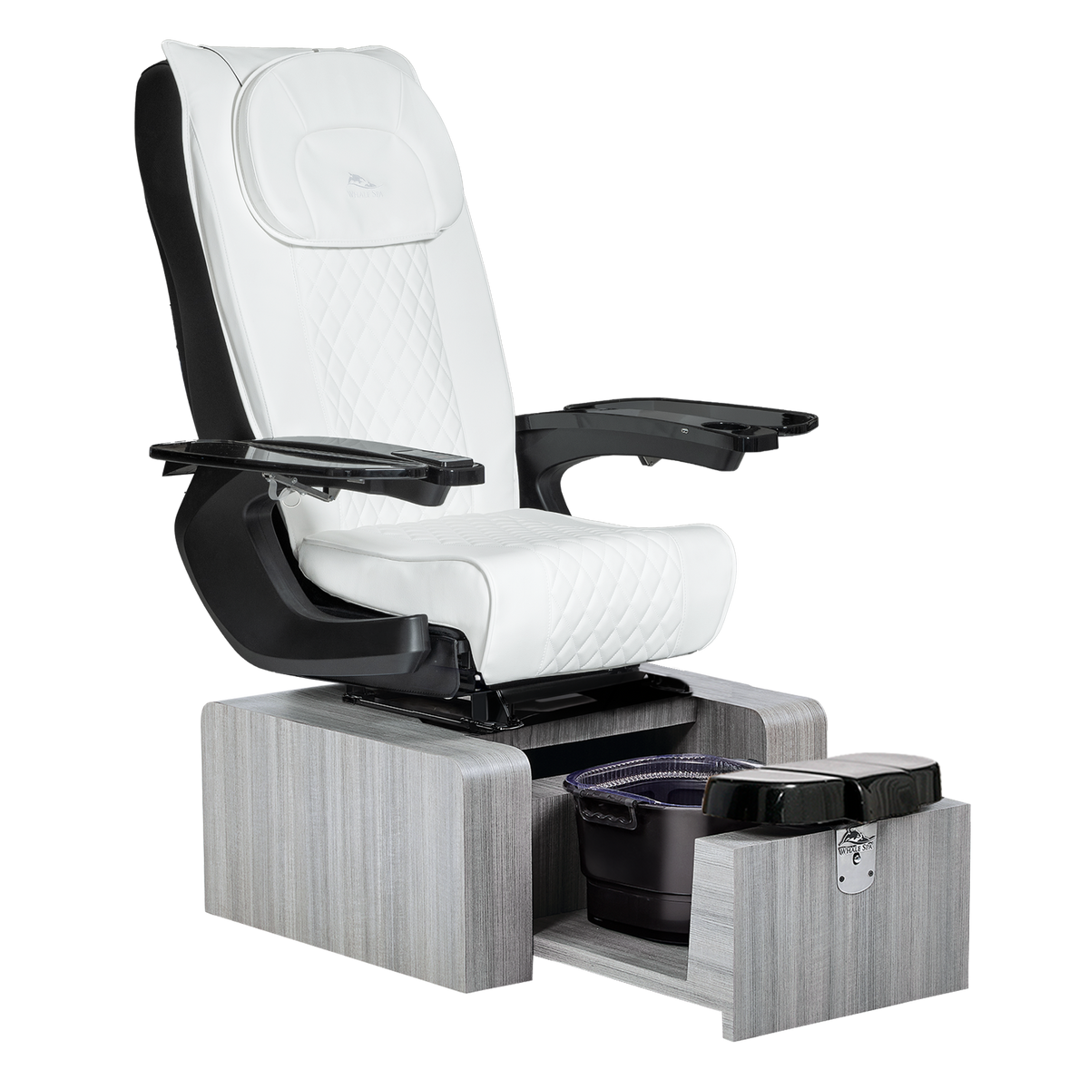 portable white pedicure chair with gray base color, no plumbing features with massage. Whale Spa Pure III Pedicure Chair in white leather, gray base and black armrests for luxury nail salons and modern salons. Whale Spa Pure III Pedicure Chair. Space saving salon chair, non plumbed and pipeless, tucks away with massage.