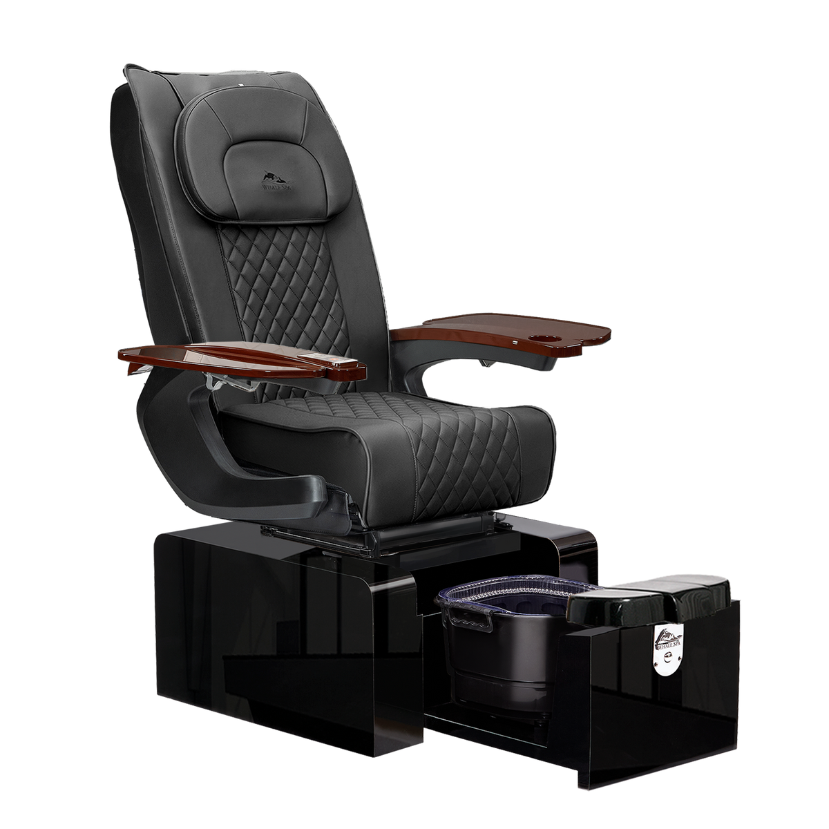 Whale Spa Pure III Pedicure Chair. Space saving salon chair, no plumbing, tucks away with massage. Pure III Pedicure Chair in black leather with high end stitching, gloss black base and walnut wood armrests for luxury nail salons and modern salons.