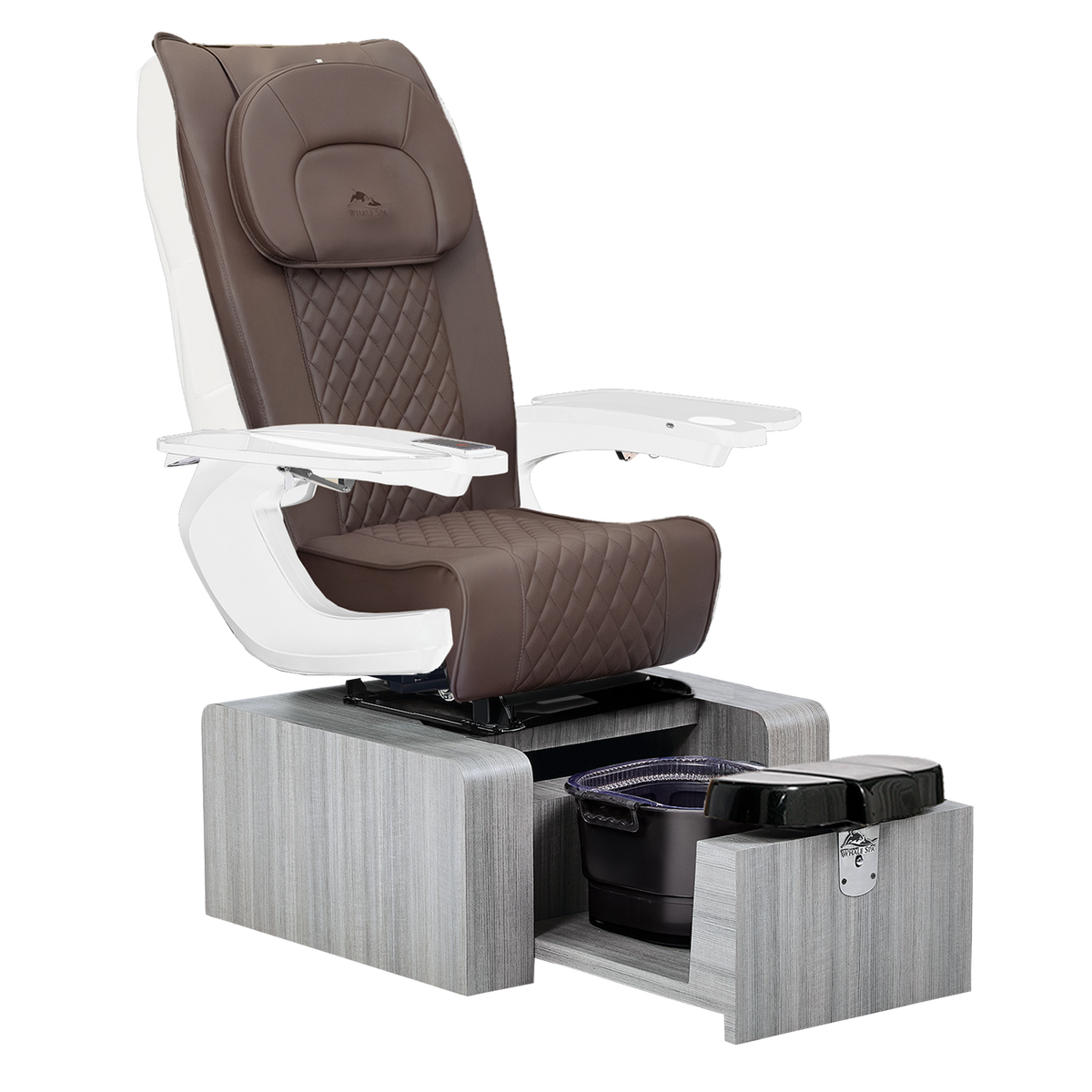 portable brown pedicure chair with gray base color, no plumbing features with massage. Whale Spa Pure III Pedicure Chair in brown leather, gray base and white armrests for nail salons.