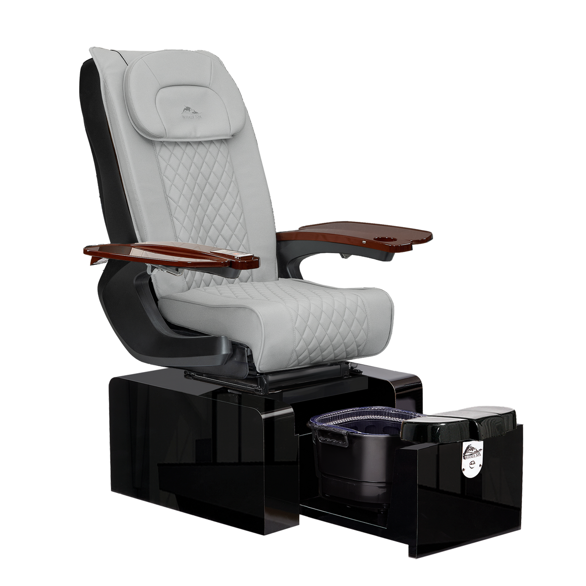 Whale Spa Pure III Portable Pedicure Chair in gray leather. Space saving salon chair, no plumbing, tucks away with massage. Pure III Pedicure Chair in gray leathe, gloss black base and walnut wood armrests for nail salons.