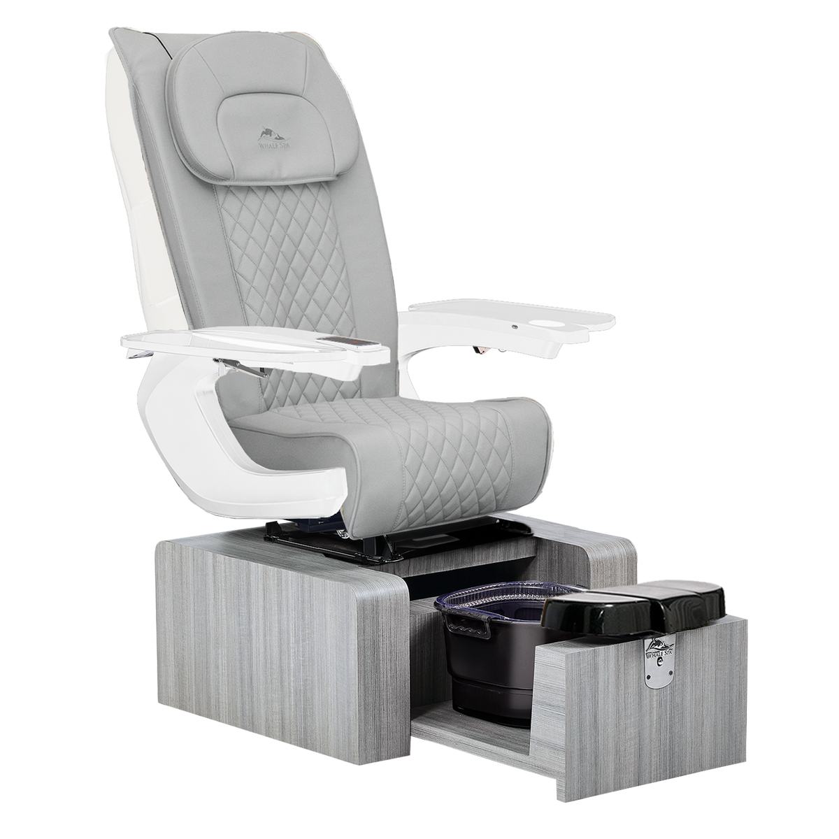 portable gray pedicure chair with gray base color, no plumbing features with massage. Whale Spa Pure III Pedicure Chair in gray leather, gray base and white armrests for nail salons.