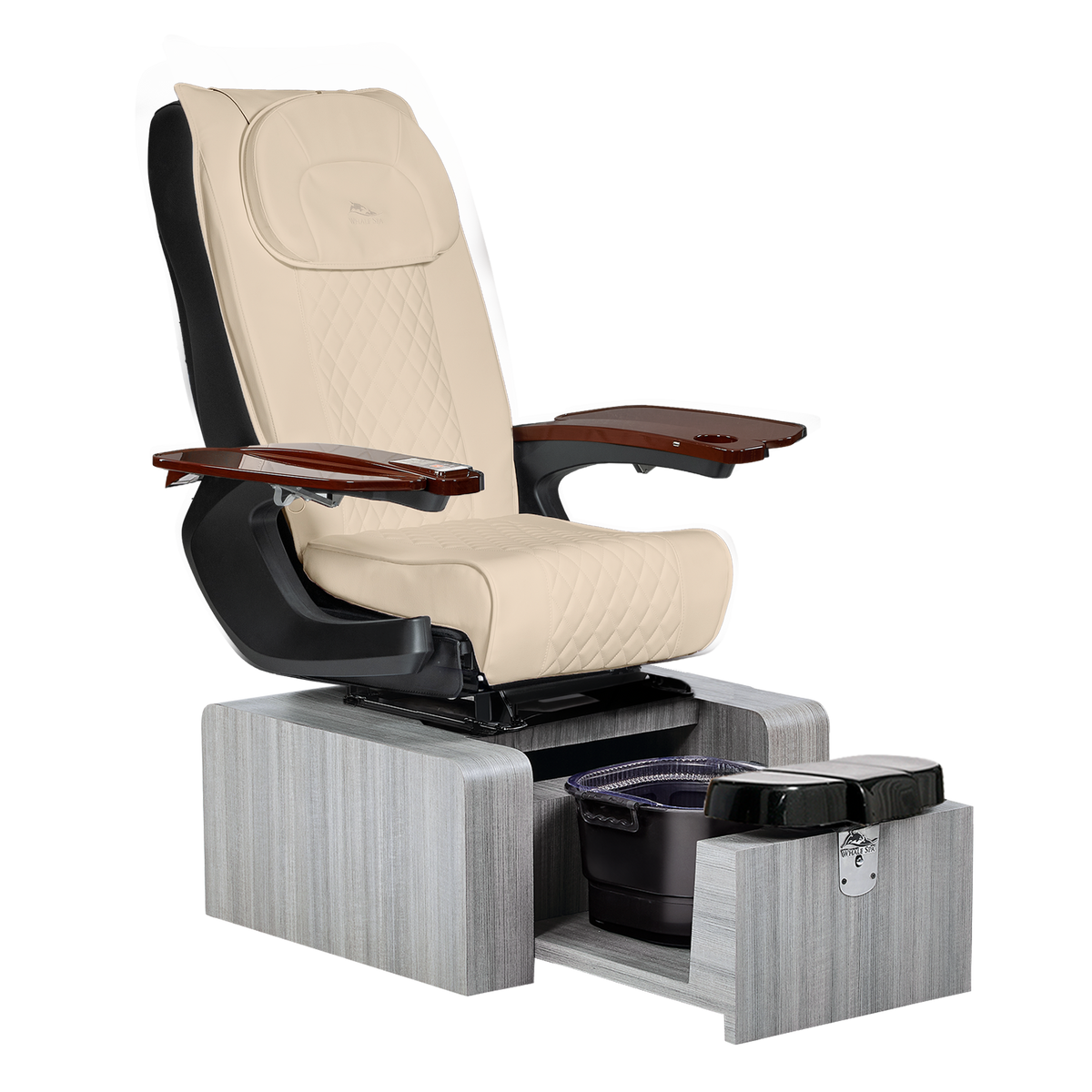 portable beige pedicure chair with gray base color, no plumbing features with massage. Whale Spa Pure III Pedicure Chair in beige parchment leather, gray base and walnut armrests for nail salons.