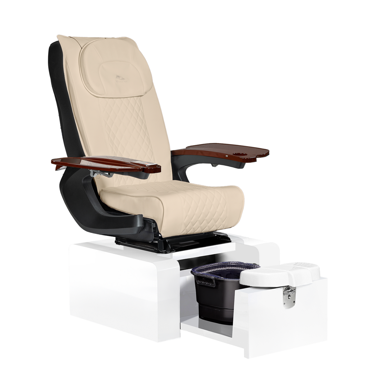 portable beige pedicure chair with white base color, no plumbing features with massage. Whale Spa Pure III Pedicure Chair in white leather, white base and walnut wood armrests for nail salons.