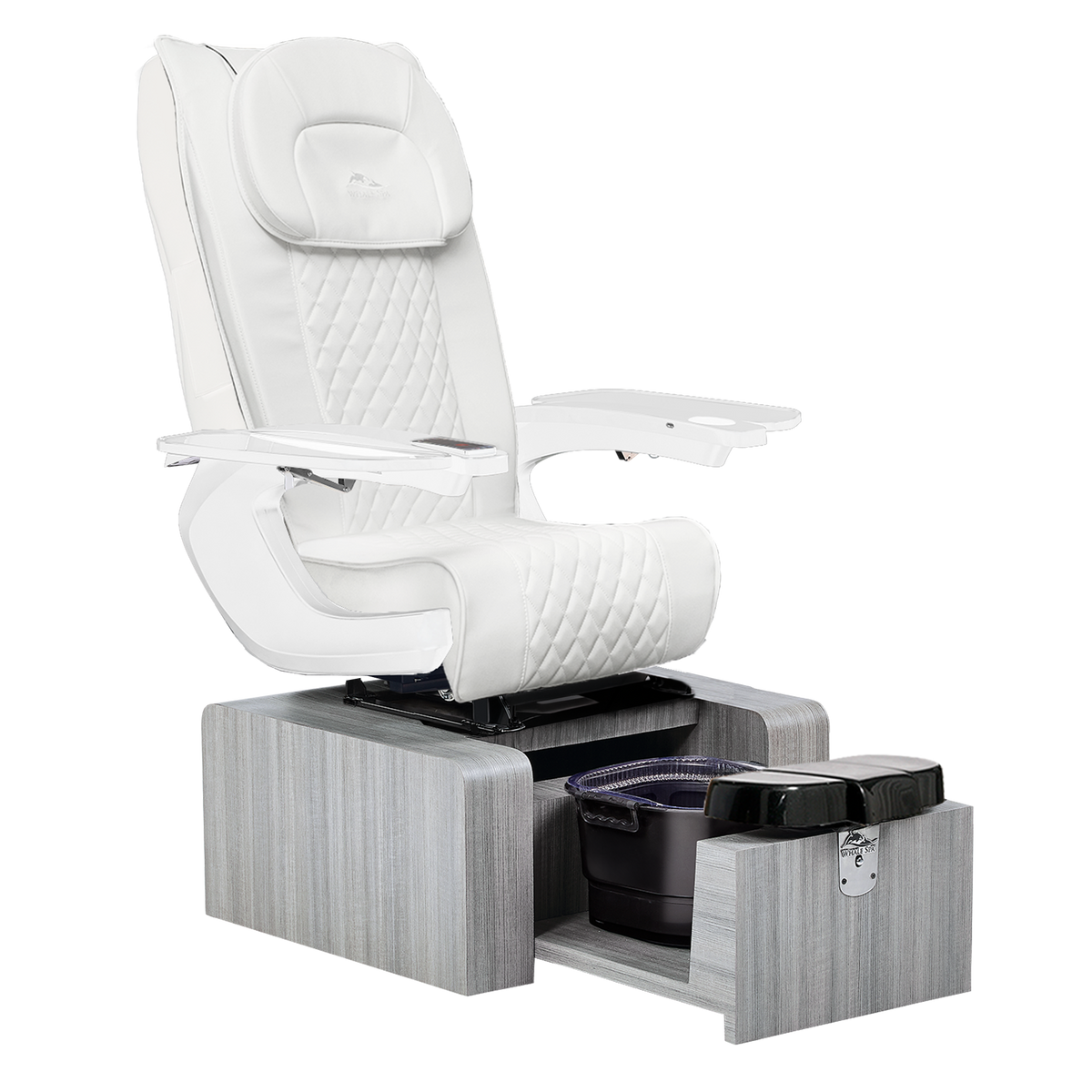 portable white pedicure chair with gray base color, no plumbing features with massage. Whale Spa Pure III Pedicure Chair in white leather, gray base and white armrests for nail salons.