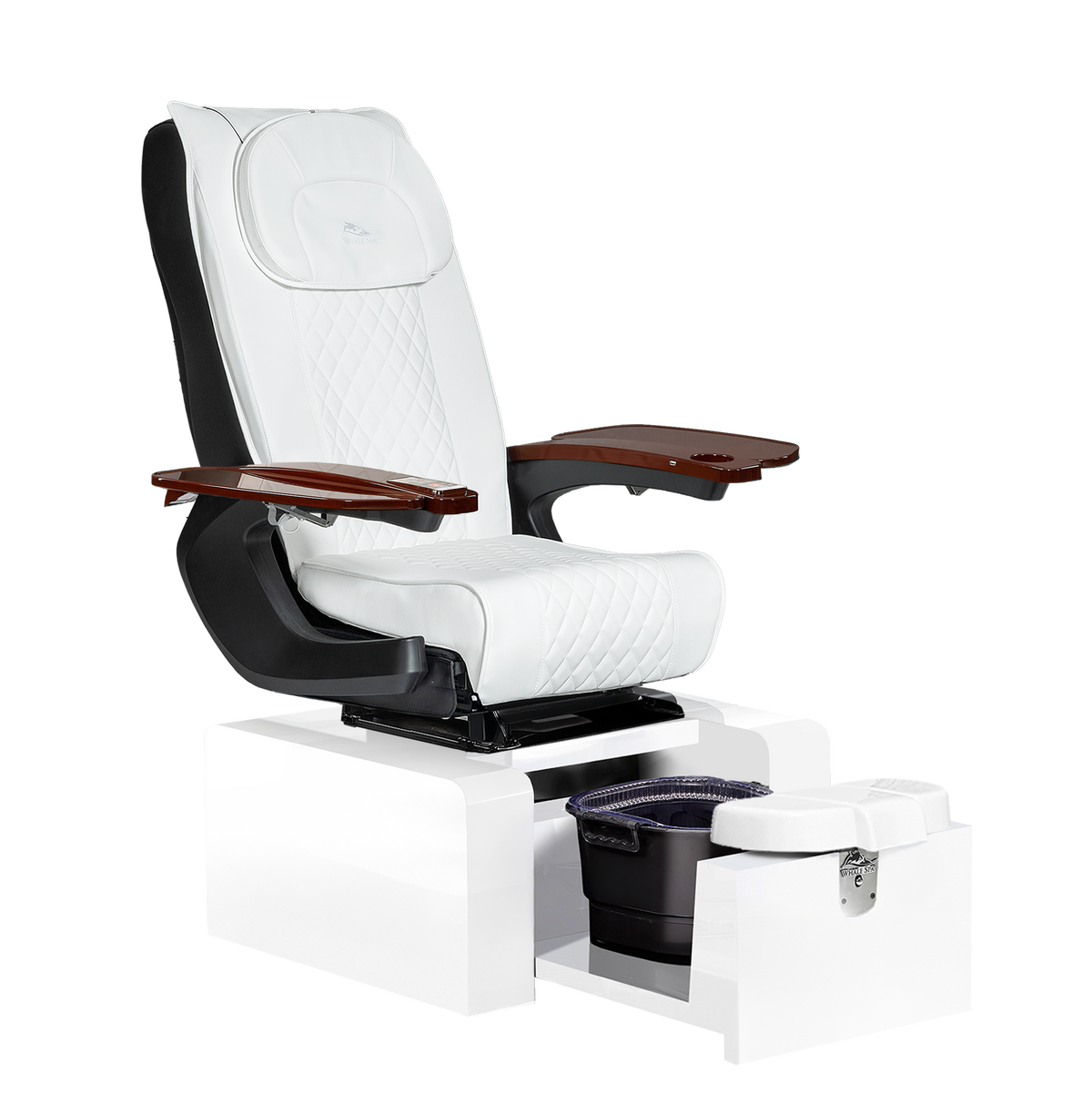 portable whitepedicure chair with white base color, no plumbing features with massage. Whale Spa Pure III Pedicure Chair in white leather, white base and walnut wood armrests for nail salons.