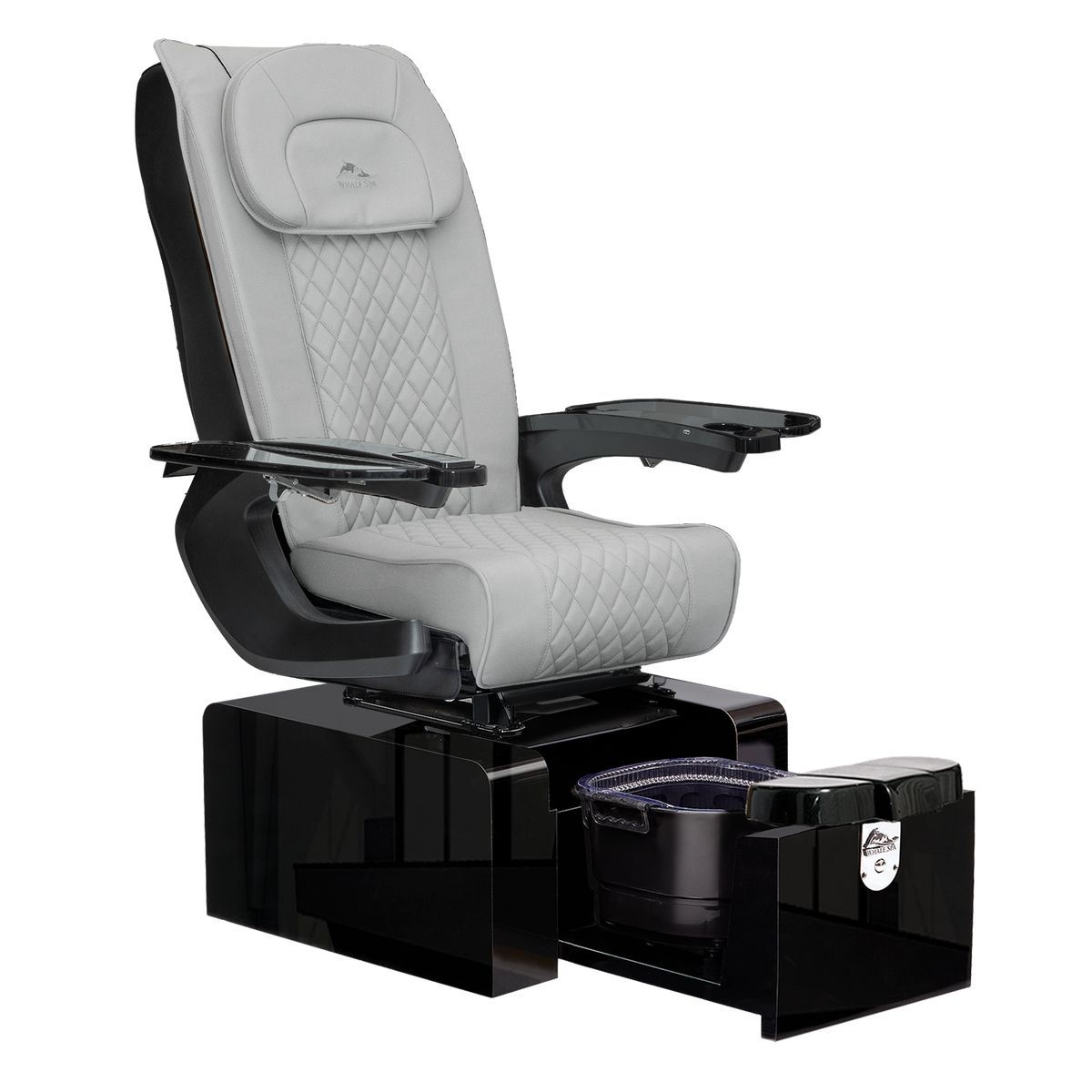 Gray with black chair. Pure III Pedicure Chair in gray leather, gloss black base and black armrests for luxury nail salons and modern salons. Whale Spa Pure III Pedicure Chair. Space saving salon chair, no plumbing, tucks away with massage. clean aesthetic for small salons