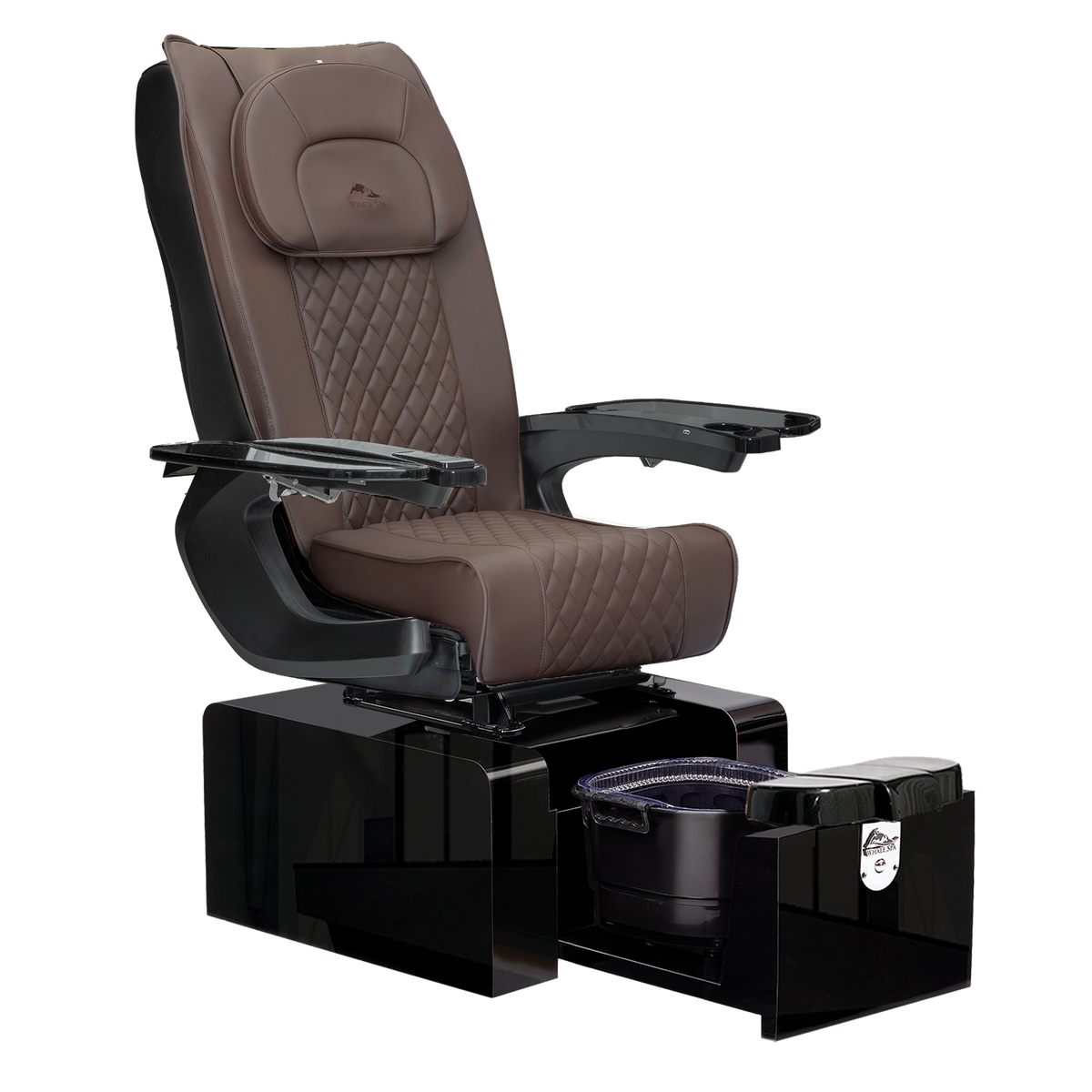 Pedicure chair no plumbing. Brown salon chairs and black color.Pure III Pedicure Chair in chocolate brown leather, gloss black base and black armrests for luxury nail salons and modern salons. Whale Spa Pure III Pedicure Chair. Space saving salon chair, no plumbing, tucks away with massage. Salon equipment in USA