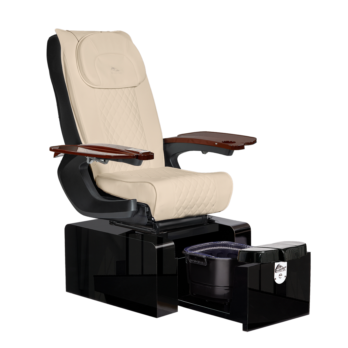 Whale Spa Pure III Space saving pedicure chair, no plumbing, Pure III Pedicure Chair in parchment leather with gloss black base and oak armrests for nail salons and modern salons