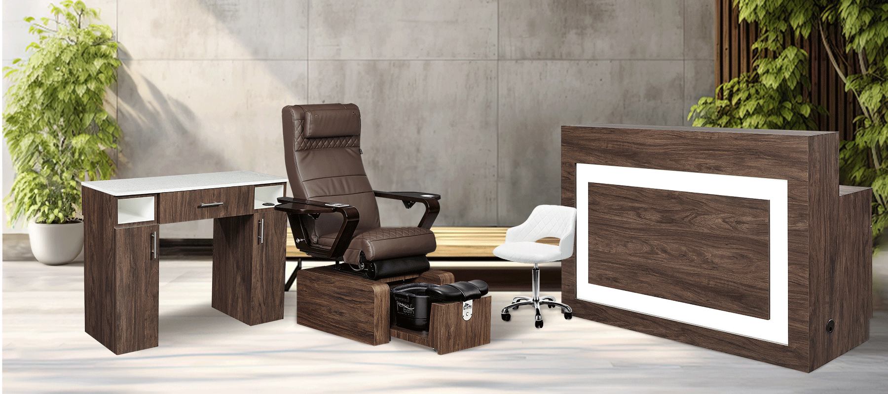Eco wooden nail salon furniture set with PURE II Pedicure Chair. Plumbingless, compact, and easy to setup plumbing chair in a modern aesthetic wood. Includes a nail manicure table and reception desk for hair and nail salons. Light accents and storage with a refined brown wood and leather texture.