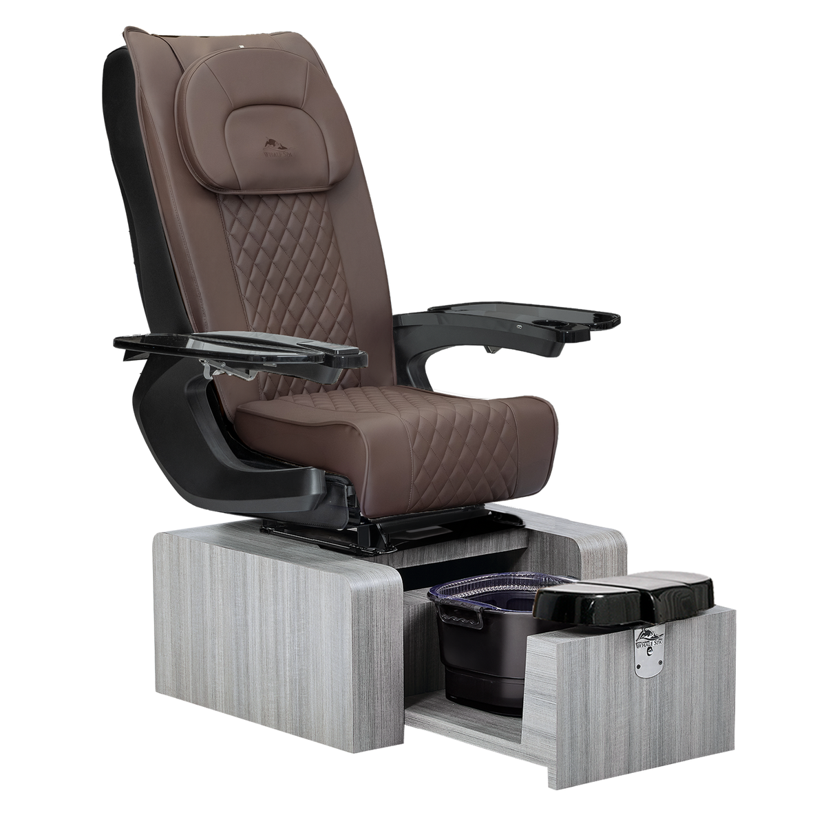 portable chocolate brown pedicure chair with gray base color, no plumbing with massage. Whale Spa Pure III Pedicure Chair in brownleather, gray base and black armrests for luxury nail salons and modern salons. Whale Spa Pure III Pedicure Chair. Space saving salon chair, non plumbed and pipeless, tucks away with massage.