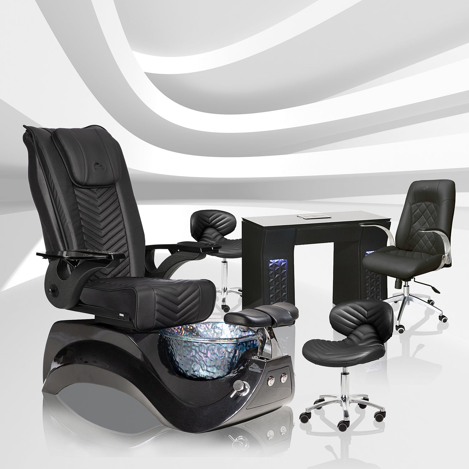 Alden Crystal Salon Package Set A with Black Chevron Alden Crystal Pedicure Chair, Black Vicki Manicure Table, Black Chevron Pedicure Stool 1010, and Black Diamond Customer Chair 3209 | Whale Spa Salon Furniture and Equipment