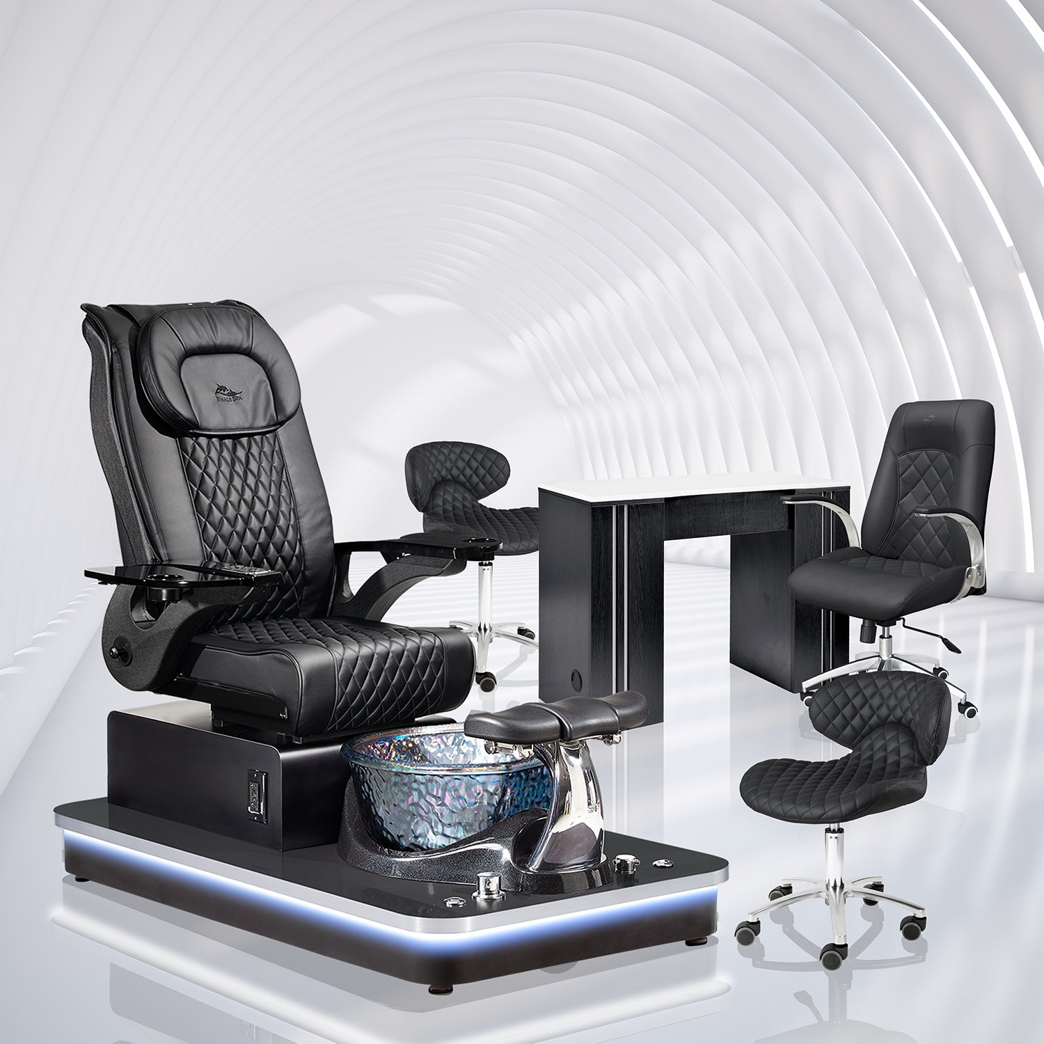 Felicity Freeform Spa Package Set B with Black Diamond Felicity Freeform Pedicure Chair, Black Manicure Table NM901, Black Diamond Customer Chair 3209, and Black Diamond Pedicure Stool 1001 DIA | Whale Spa Salon Furniture and Equipment