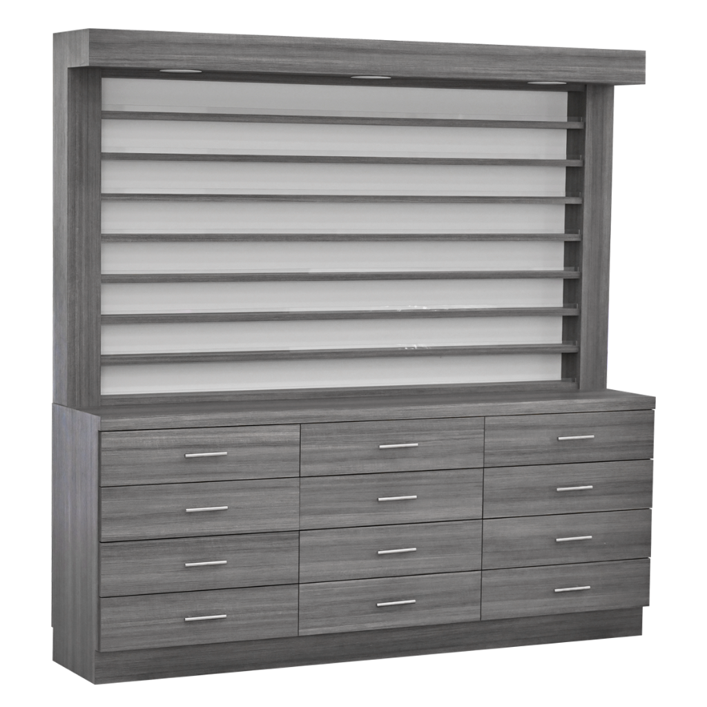 This beautiful single-sided polish display not only showcases your salon's colorful polish and dip powder selections but it's also thoughtfully designed with plenty of drawers with dividers to keep your everyday supplies safe and out of sight.