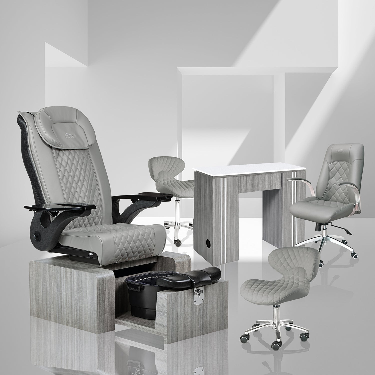 Pure II Pedicure Package Set B with Gray Diamond Pure II Pedicure Chair, Gray Manicure Table NM901, Gray Customer Chair 3209, and Gray Pedicure Stool 1001 DIA | Whale Spa Salon Furniture and Equipment