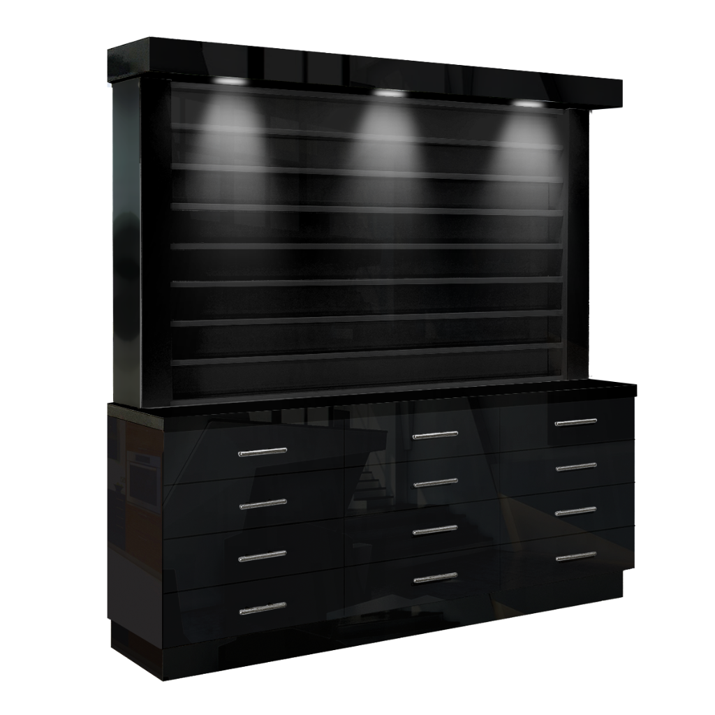 This beautiful single-sided polish display not only showcases your salon's colorful polish and dip powder selections but it's also thoughtfully designed with plenty of drawers with dividers to keep your everyday supplies safe and out of sight.