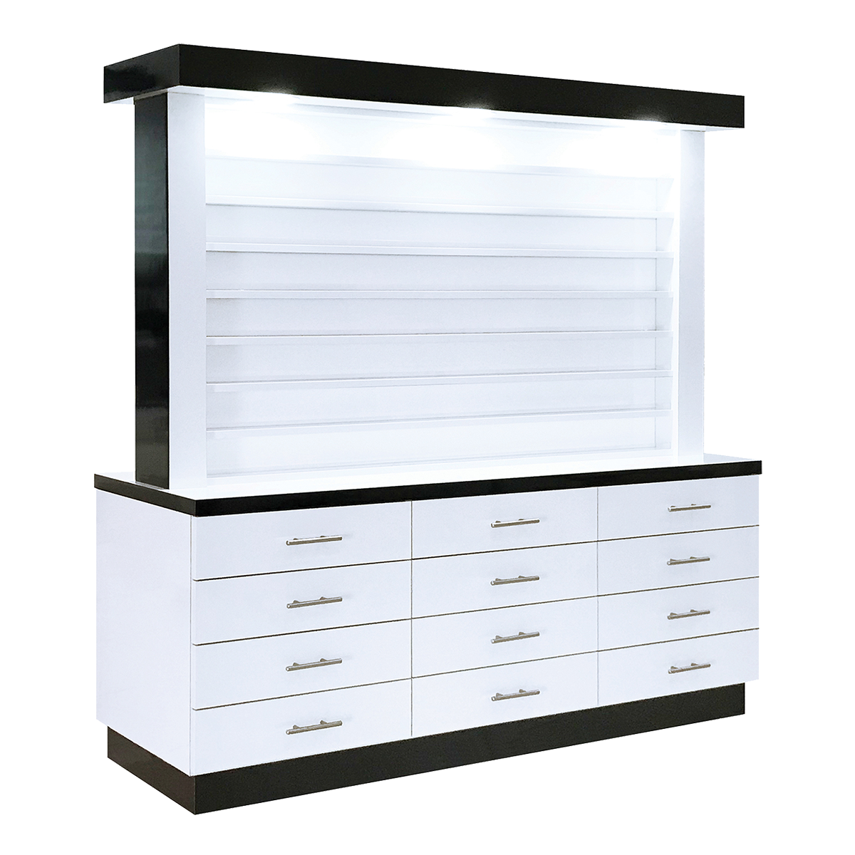 double-sided polish display not only showcases your salon's colorful polish and dip powder selections but it's also thoughtfully designed with plenty of compartments and shelves