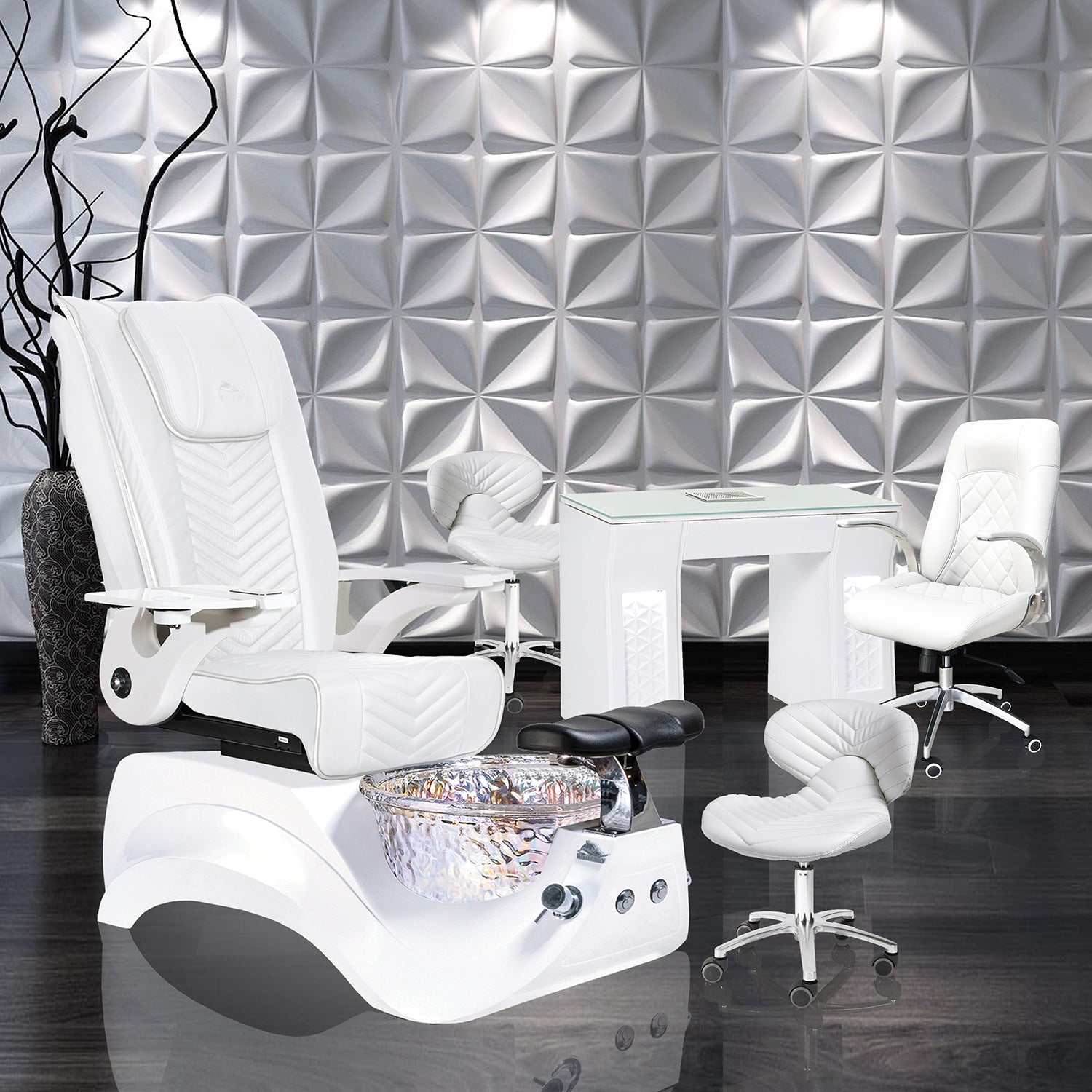 Alden Crystal Salon Package Set A with Black Chevron Alden Crystal Pedicure Chair, Black Vicki Manicure Table, Black Chevron Pedicure Stool 1010, and Black Diamond Customer Chair 3209 | Whale Spa Salon Furniture and Equipment