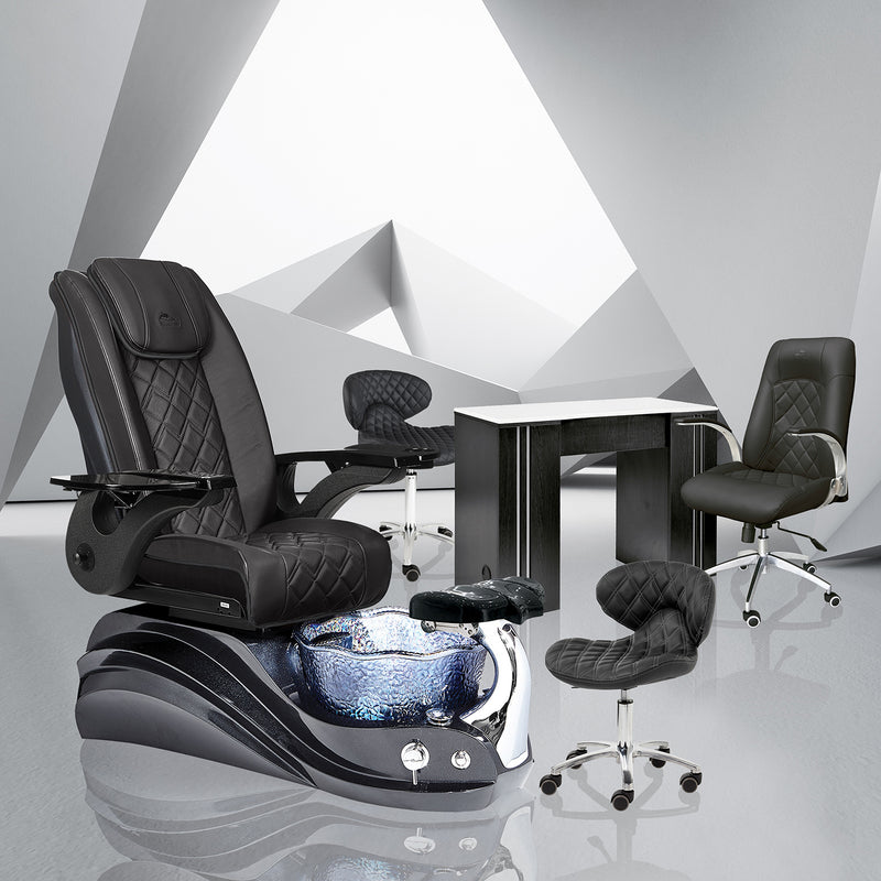 Crane Pedicure Package Set B with Black Diamond Crane Pedicure Chair, Black Manicure Table NM901, Black Diamond Customer Chair 3209, and Black Diamond Pedicure Stool 1001 DIA | Whale Spa Salon Furniture and Equipment