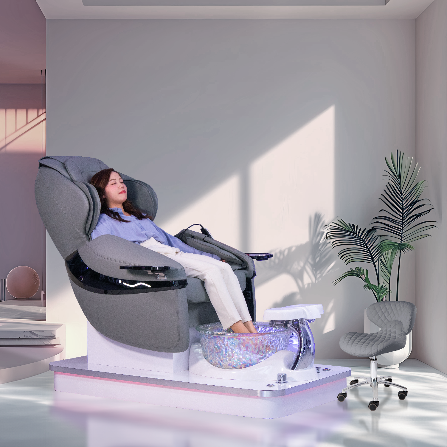 Whale Spa Omnia Pedicure Chair Freeform for nail salons. Gray chair with massage.