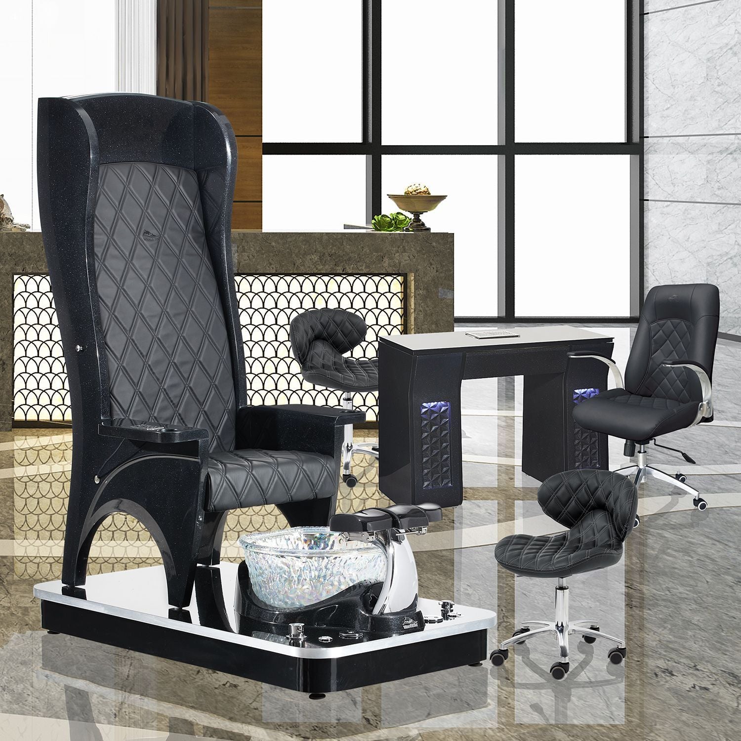 Whale Spa Monarch Pedicure Chair - the most luxurious pedicure chair with Enduro vegan leather. Whale Spa salon furniture and nail salon supplies. Classy and modern pedicure chair with massage and antimicrobial.