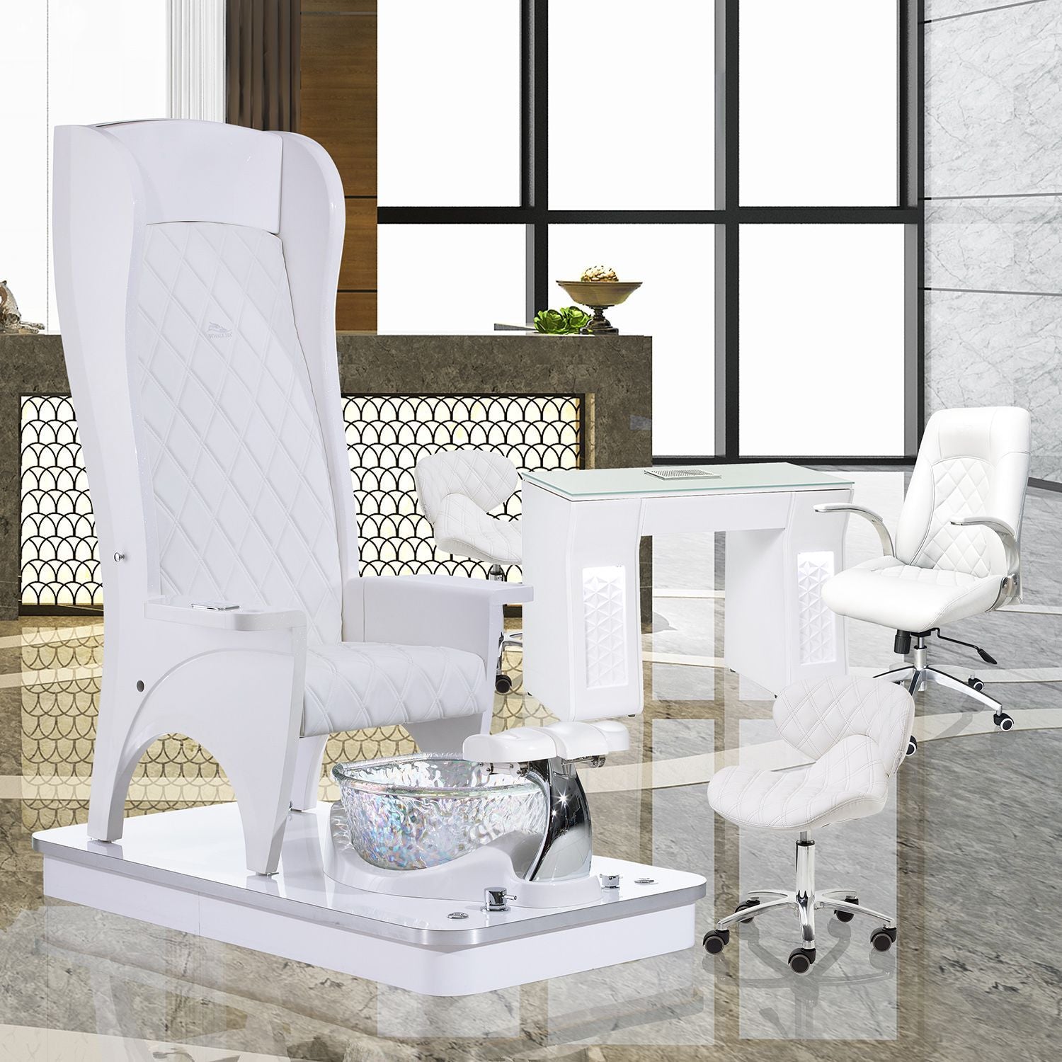 Whale Spa Monarch Pedicure Chair in white with white vicki table, white customer chair for nail salon. Package set offers a discount and a stool.