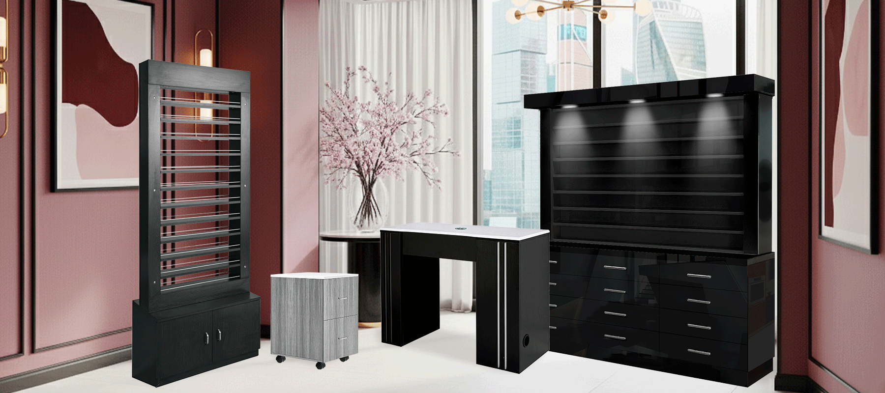 modern nail polish displays with shelves and storage, storage caddy and trolley for salons, and Nail Manicure Desk with convenient storage, drawers, and air vents. Made by Whale Spa Salon Furniture. Nail polish displays include light. 
