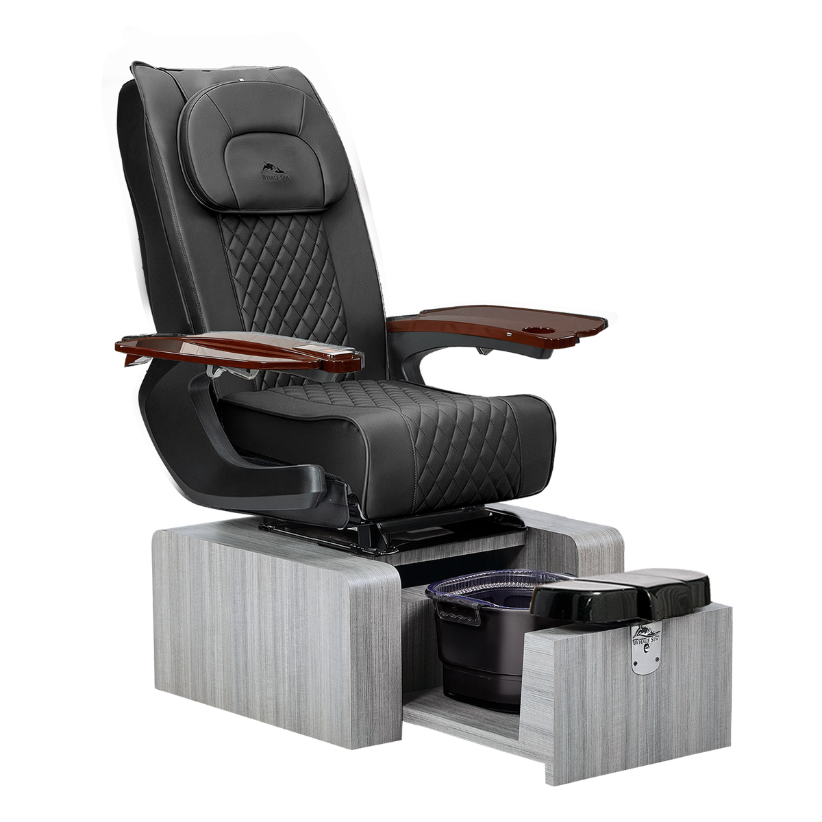 portable black pedicure chair with gray base color, no plumbing features with massage. Whale Spa Pure III Pedicure Chair in black leather, gray base and walnut armrests for nail salons.