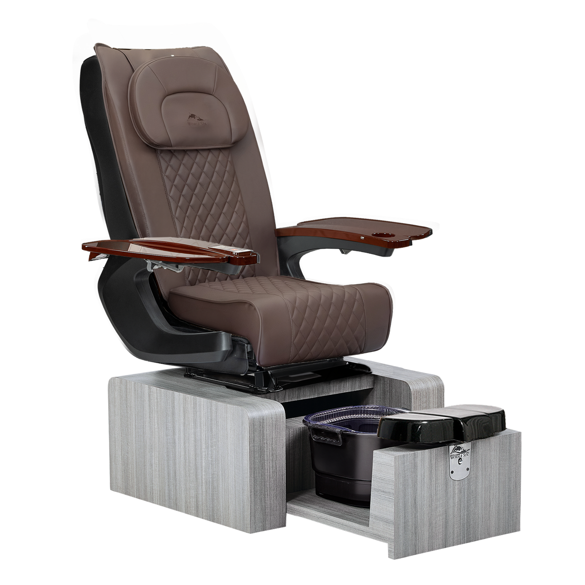 portable brown pedicure chair with gray base color, no plumbing features with massage. Whale Spa Pure III Pedicure Chair in brown chocolate leather, gray base and walnut armrests for nail salons.