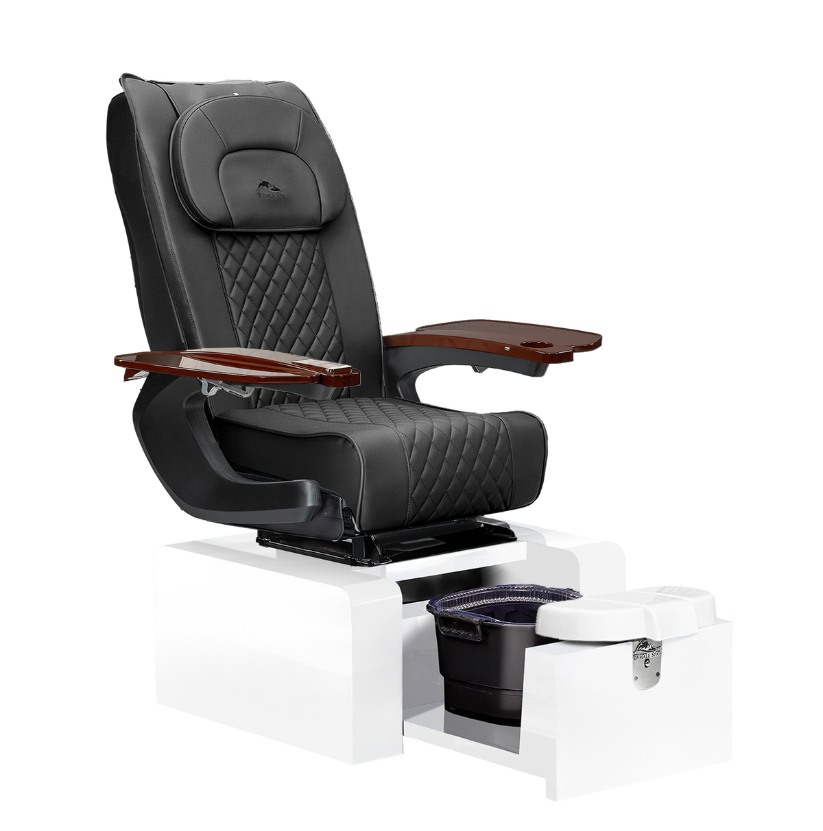 portable black pedicure chair with white base color, no plumbing features with massage. Whale Spa Pure III Pedicure Chair in black leather, white base and walnut wood armrests for nail salons.