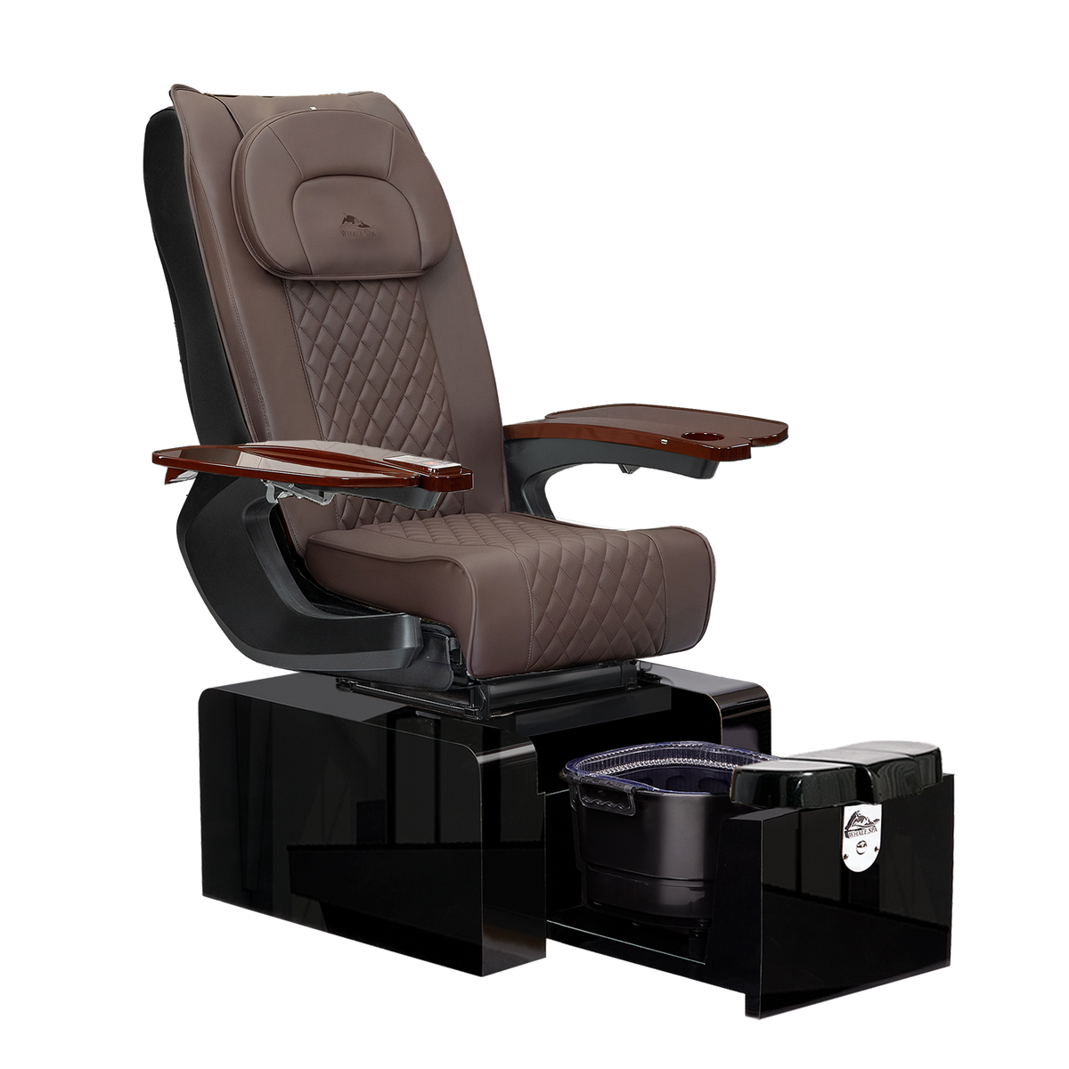 Pure III Pedicure Chair in chocolate brown leather with high end stitching, gloss black base and oak armrests for luxury nail salons and modern salons. Whale Spa Pure III Pedicure Chair. Space saving salon chair, no plumbing, tucks away with massage. best in USA
