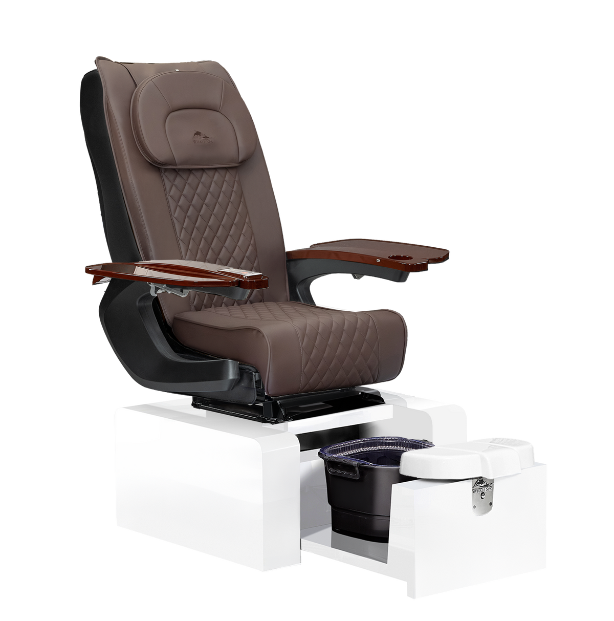 portable brown chocolate pedicure chair with white base color, no plumbing features with massage. Whale Spa Pure III Pedicure Chair in brown leather, white base and walnut wood armrests for nail salons.