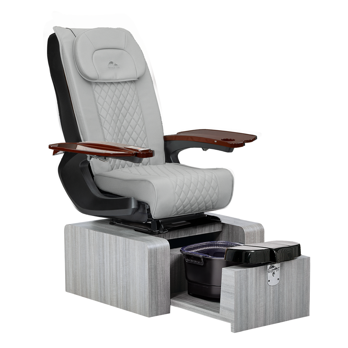 portable gray pedicure chair with gray base color, no plumbing features with massage. Whale Spa Pure III Pedicure Chair in gray leather, gray base and walnut armrests for nail salons.