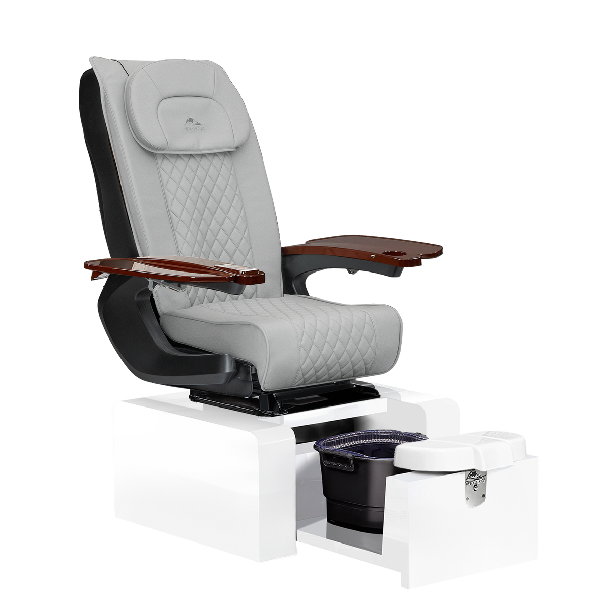 portable gray pedicure chair with white base color, no plumbing features with massage. Whale Spa Pure III Pedicure Chair in gray leather, white base and walnut wood armrests for nail salons.