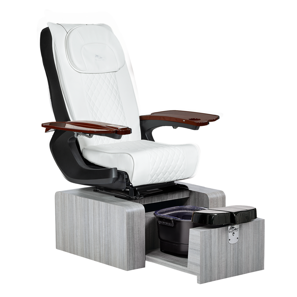 portable white pedicure chair with gray base color, no plumbing features with massage. Whale Spa Pure III Pedicure Chair in white leather, gray base and walnut armrests for nail salons. Plumbingless