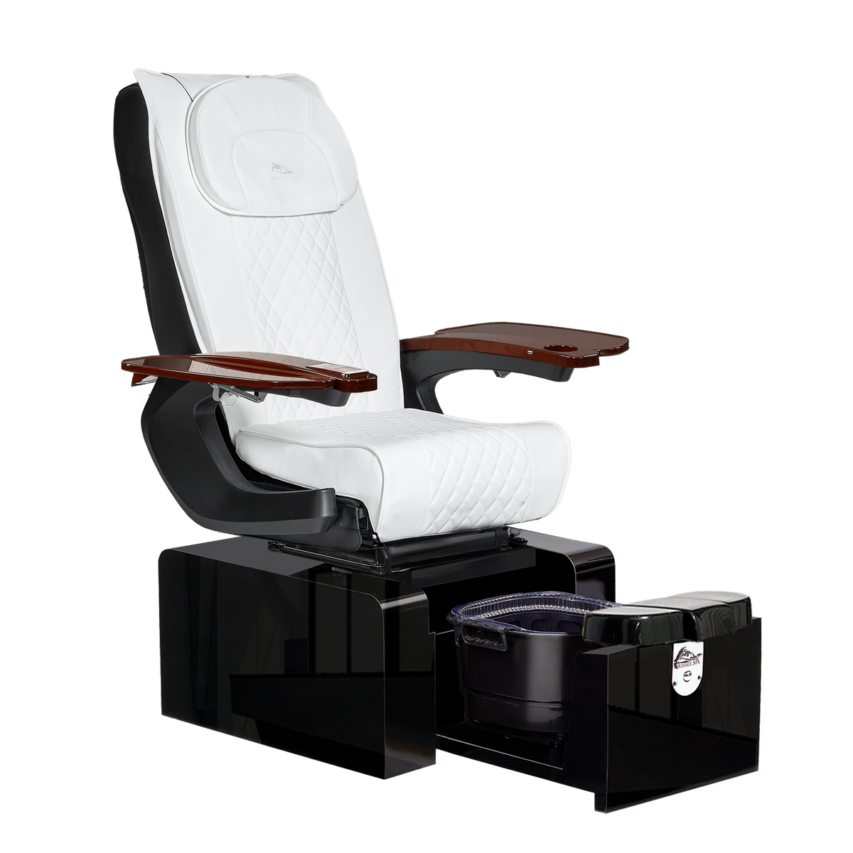 Whale Spa Pure III portable Space saving pedicure chair, no plumbing, with massage. Pure III Pedicure Chair in white leather with high end stitching, gloss black base and oak armrests for nail salons and modern salons. 
