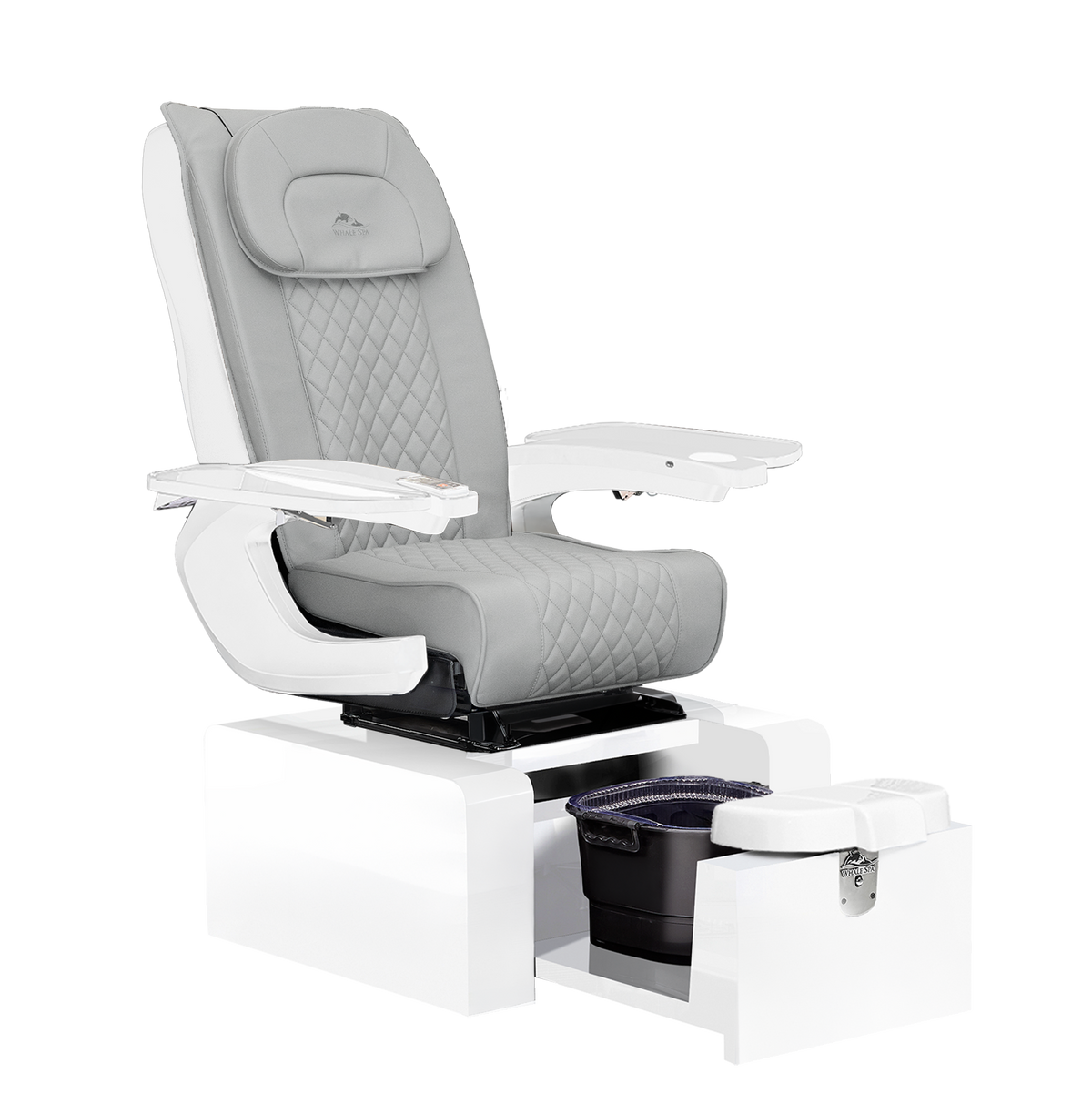 portable gray no plumbing with massage salon chair. Whale Spa Pure III Pedicure Chair in gray  leather, white base and white armrests for luxury nail salons and modern salons. Whale Spa Pure III Pedicure Chair. Space saving salon chair, non plumbed, tucks away with massage. Clean and white aesthetic
