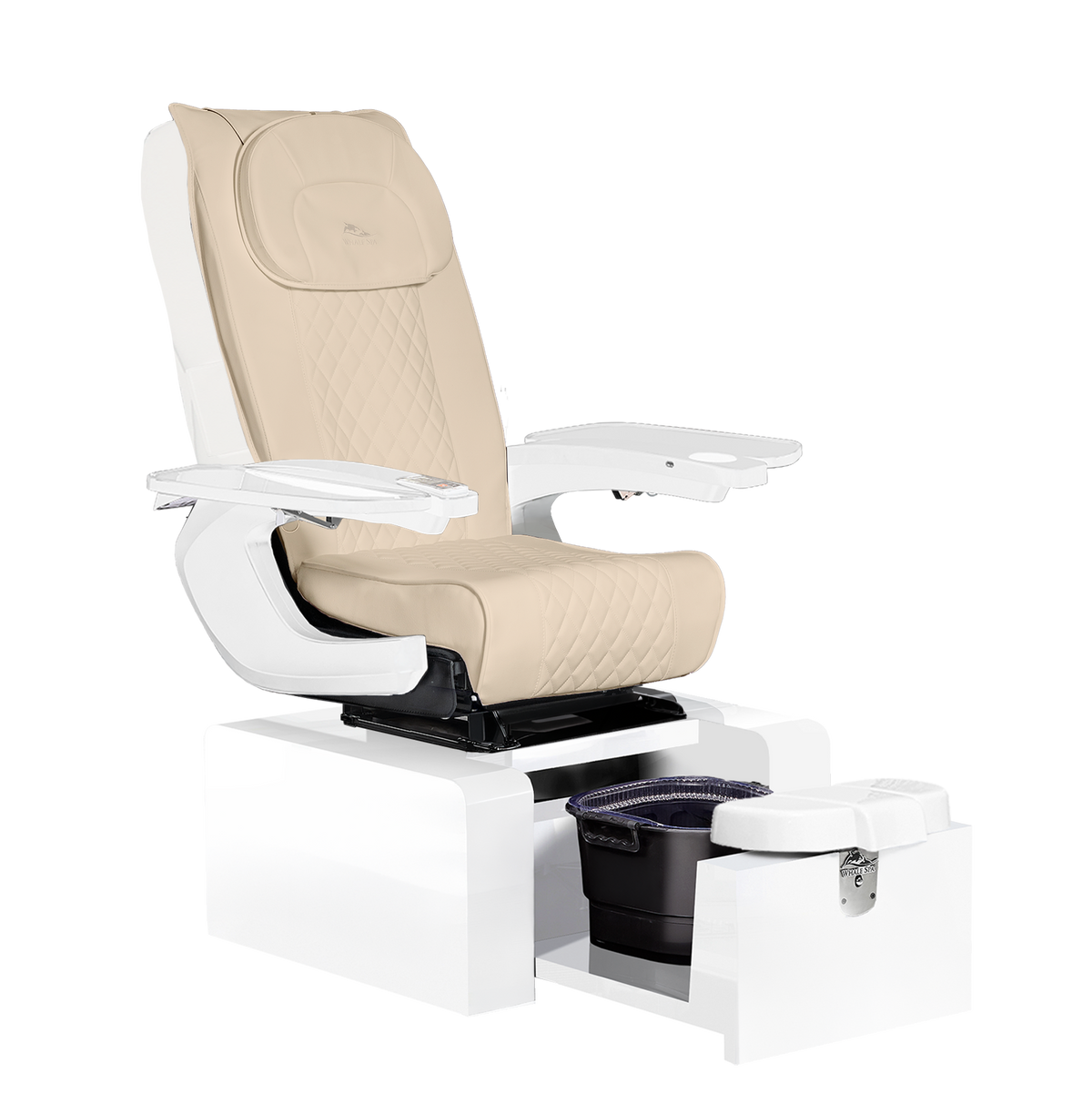 portable beige and white no plumbing with massage. Whale Spa Pure III Pedicure Chair in parchment beige leather, white base and white armrests for luxury nail salons and modern salons. Whale Spa Pure III Pedicure Chair. Space saving salon chair, non plumbed, tucks away with massage. Clean and white aesthetic