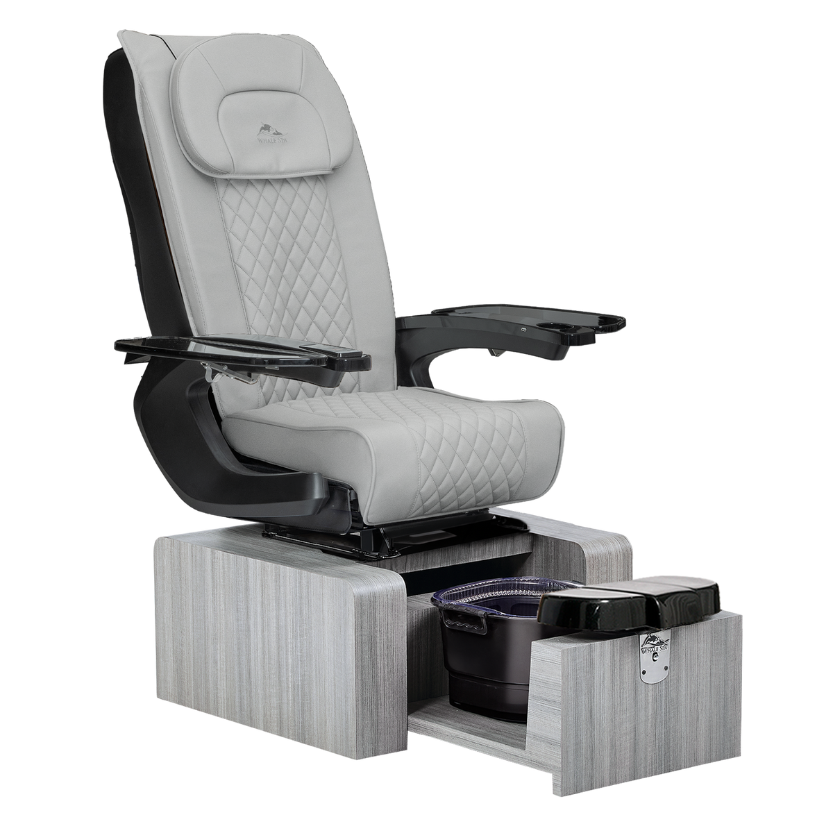portable gray pedicure chair with gray base color, no plumbing features with massage. Whale Spa Pure III Pedicure Chair in gray eather, gray base and black armrests for nail salons.