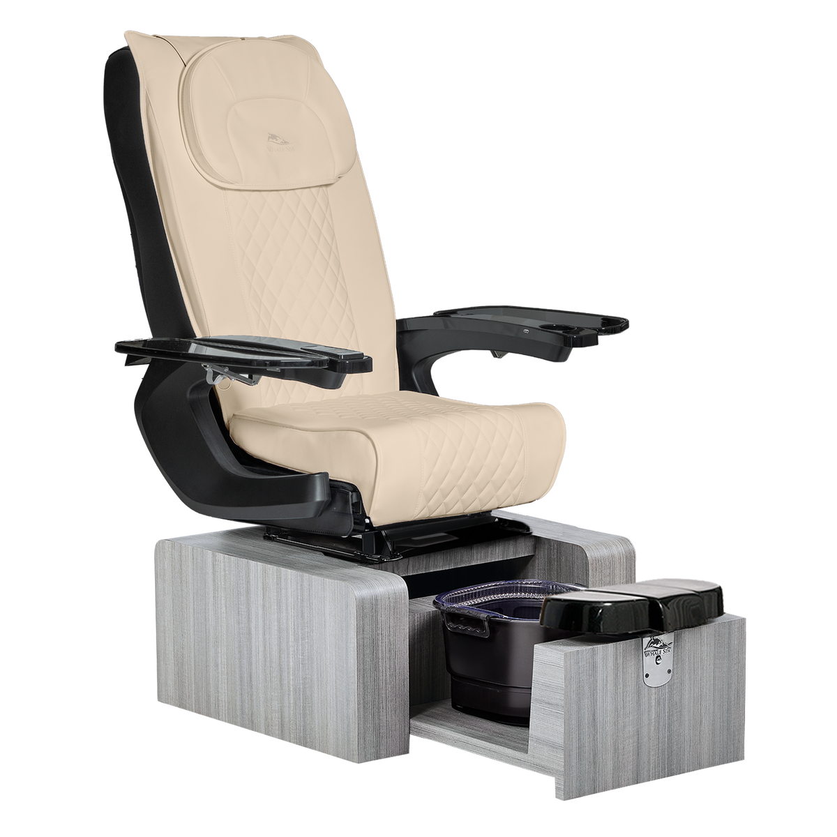 portable beige parchment pedicure chair with gray base color, no plumbing with massage. Whale Spa Pure III Pedicure Chair in beige parchment leather, gray base and black armrests for luxury nail salons and modern salons. Whale Spa Pure III Pedicure Chair. Space saving salon chair, non plumbed and pipeless, tucks away with massage. 