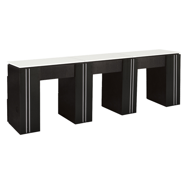 Whale Spa Black Triple Manicure Table NM906T, Fits 3 Customers, Storage, Quartz Top | Salon and Spa Furniture