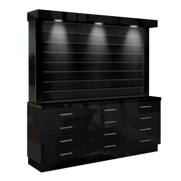 This beautiful single-sided polish display not only showcases your salon's colorful polish and dip powder selections but it's also thoughtfully designed with plenty of drawers with dividers to keep your everyday supplies safe and out of sight.