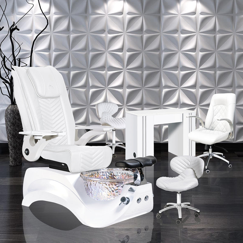 Alden Crystal Salon Package with Alden Crystal Pedicure Chair, Manicure Table, Pedicure Stool, and Customer Chair | Whale Spa Salon Furniture and Equipment
