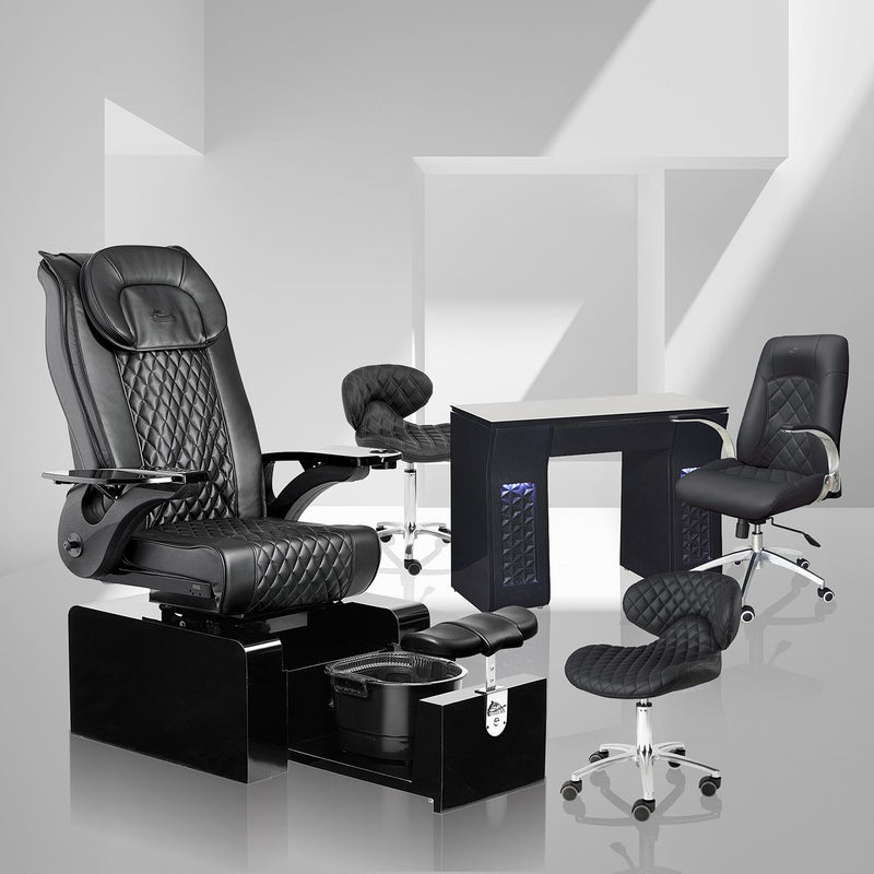 Pure II Pedicure Package Set A with Black Diamond Pure II Pedicure Chair, Black Vicki Manicure Table, Black Diamond Customer Chair, and Black Diamond Lexi II Pedicure Stool | Whale Spa Salon Furniture and Equipment